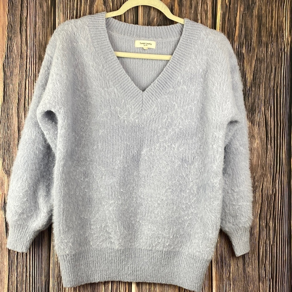 Sweet Lovely By Jen Ice Blue Colored Super Soft & Fuzzy V-Neck Sweater-Size S/M